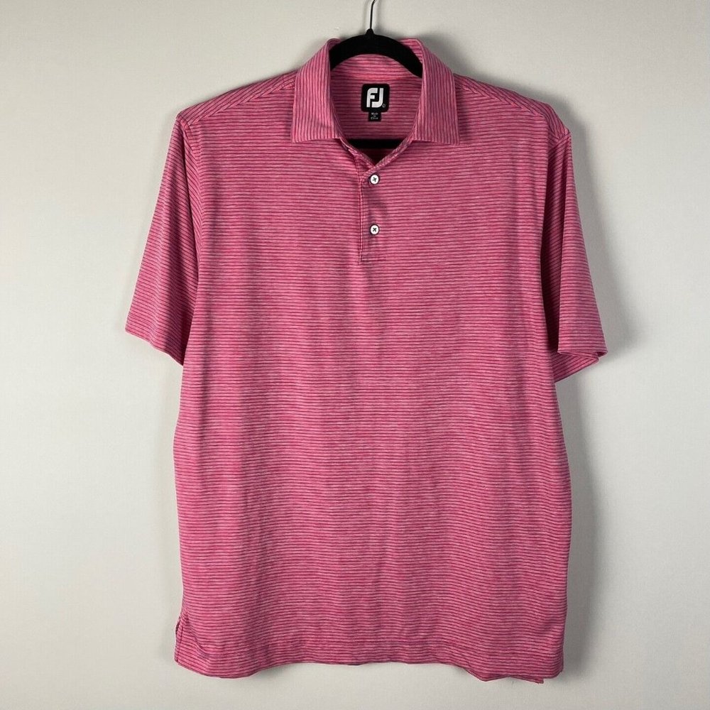 Footjoy FJ Polo Mens Large Heather Pinstripe Lisle Golf Pink Blue Saphire